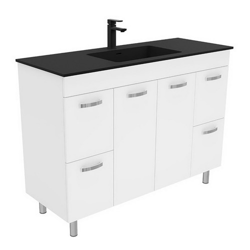 Montana 1200 Solid Surface Moulded Basin-Top + Unicab Gloss White Cabinet on Legs 2 Door 4 Drawer 3 Tap Hole [196377]