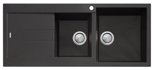Santorini Right Hand Bowl 1 & 3/4 Bowl Topmount Sink with Drainer in Black Granite with overflow [301816]