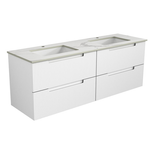 Verona Mark II Wall Hung V Groove Matte White Finger Pull Cabinet 1500 x 460 x 540 Double Bowlmm with Cato Stone Top with Undermount Basin [300913]