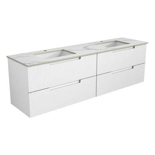 Verona Mark Ii Wall Hung V Groove Matte White Finger Pull Cabinet 1800x460x540mm Double Bowls with Pure White Stone Top with Undermount Basin [300838]