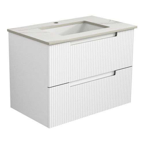 Verona Mark Ii Wall Hung V Groove Matte White Finger Pull Cabinet 750x460x540mm with Pure White Stone Top with Undermount Basin [300844]