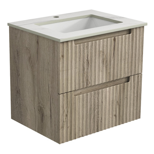 Tuscana Wall Hung Wave Groove Finger Pull Cabinet 600x460x540mm with Pure White Stone Top with Undermount Basin [300879]