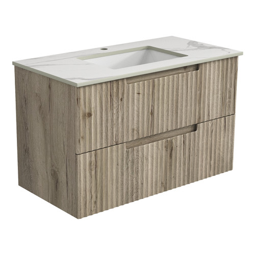 Tuscana Wall Hung Wave Groove Finger Pull Cabinet 900x460x540mm with Alpine White Stone Top with Undermount Basin [300751]