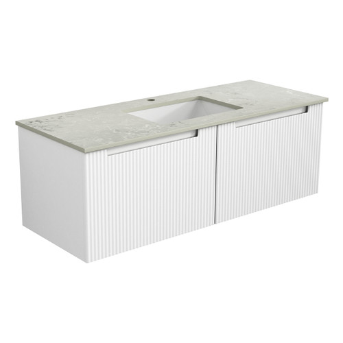 Perla Mark Ii Wall Hung V Groove Matte White Finger Pull Cabinet 1200x460x400mm with Cato Stone Top with Undermount Basin [300801]
