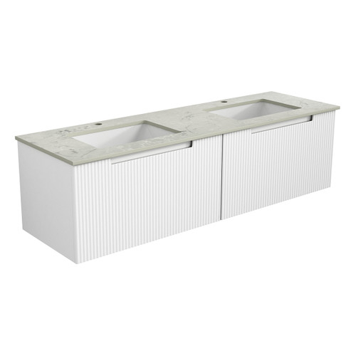 Perla Mark Ii Wall Hung V Groove Matte White Finger Pull Cabinet 1500x460x400mm Double Bowl with Snow Stone Top with Undermount Basin [300779]