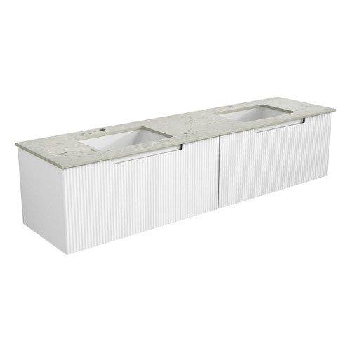 Perla Mark Ii Wall Hung V Groove Matte White Finger Pull Cabinet 1800x460x400mm Double Bowls with Pure White Stone Top with Undermount Basin [300770]