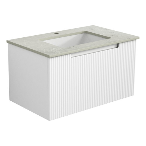 Perla Mark Ii Wall Hung V Groove Matte White Finger Pull Cabinet 750x460x400mm with Alpine White Stone Top with Undermount Basin [300974]