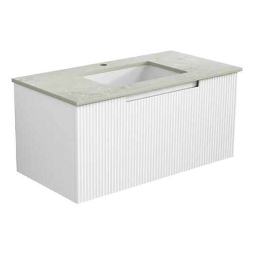 Perla Mark Ii Wall Hung V Groove Matte White Finger Pull Cabinet 900x460x400mm with Alpine White Stone Top with Undermount Basin [300749]
