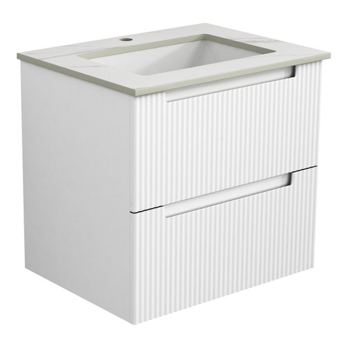 Verona Mark Ii Wall Hung V Groove Matte White Finger Pull Cabinet 600x460x540mm with Pure White Stone Top with Undermount Basin [301175]