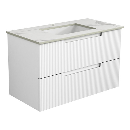 Verona Mark Ii Wall Hung V Groove Matte White Finger Pull Cabinet 900x460x540mm with Snow Stone Top with Undermount Basin [301204]