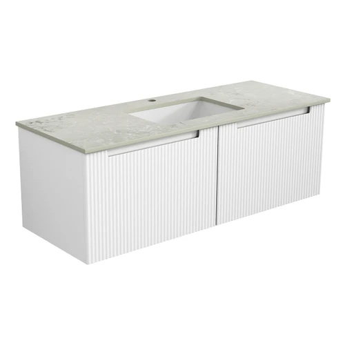 Perla Mark Ii Wall Hung V Groove Matte White Finger Pull Cabinet 1200x460x400mm with Pure White Stone Top with Undermount Basin [301089]