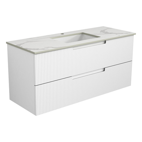 Verona Mark Ii Wall Hung V Groove Matte White Finger Pull Cabinet 1200x460x540mm with Snow Stone Top with Undermount Basin [301375]