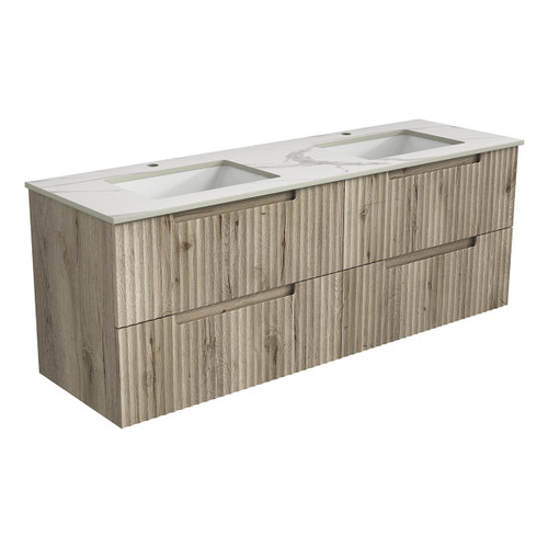 Tuscana Wall Hung Wave Groove Finger Pull Cabinet 1500x460x540mm Double Bowl with Alpine White Stone Top with Undermount Basin [301468]