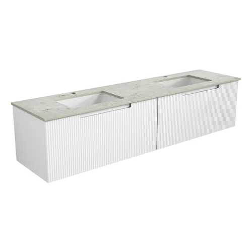 Perla Mark Ii Wall Hung V Groove Matte White Finger Pull Cabinet 1800x460x400mm Double Bowls with Cato Stone Top with Undermount Basin [301348]