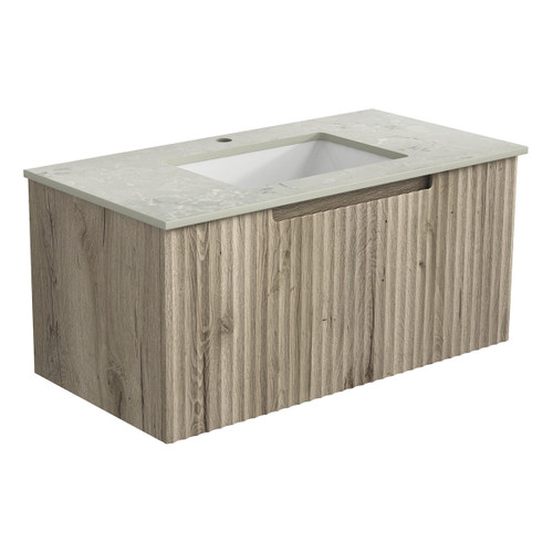 Calder Wall Hung Wave Groove Finger Pull Cabinet 900x460x400mm with Snow Stone Top with Undermount Basin [301437]