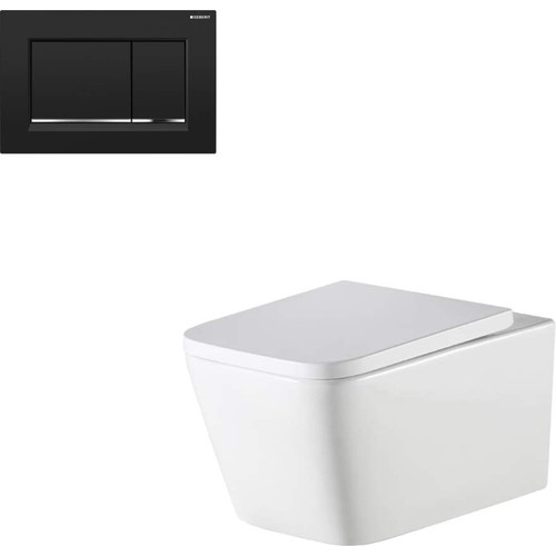 Munich Inwall Rimless Wall Hung Toilet Suite w/Geberit Matte Black Square Push Plate 4Star [166281]