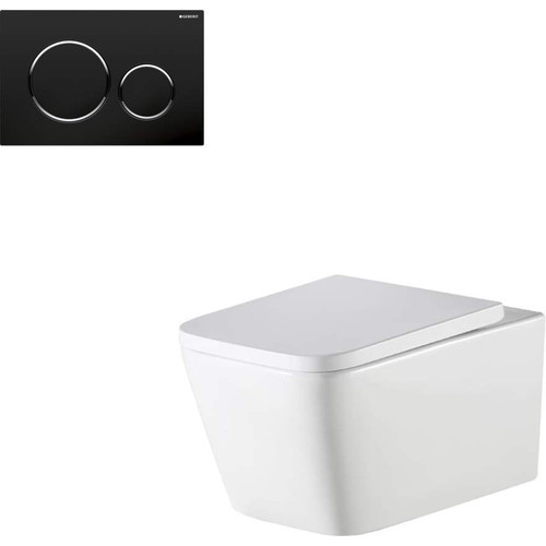 Munich Inwall Rimless Wall Hung Toilet Suite w/Geberit Matte Black Round Push Plate 4Star [166283]