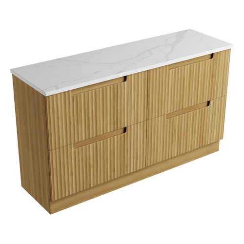 Lovina Floor Standing Single Harvest Oak Fluted Cabinet 1500*460*425mm with Palis White Flat Stone Top [305432]