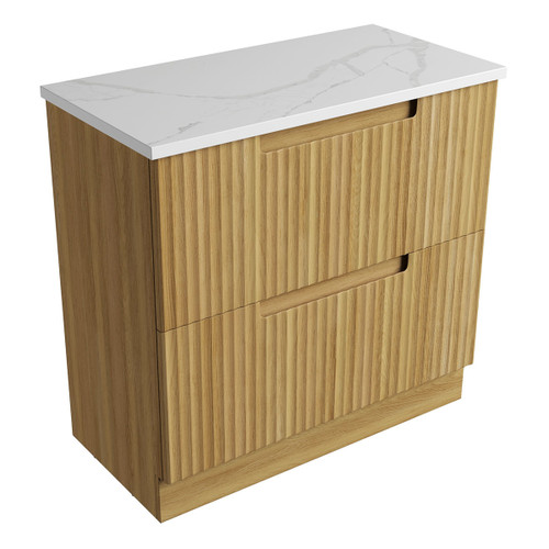 Lovina Floor Standing Harvest Oak Fluted Cabinet 900*460*425mm with Palis White Flat Stone Top [305525]