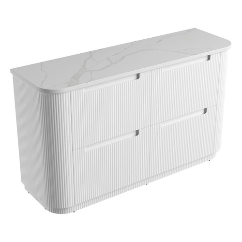 Curva Floor Standing Single Matt White Fluted Curved Cabinet 1500*460*880mm with Palis White Flat Stone Top [305548]