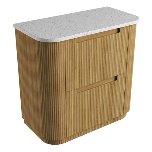 Varcelli Floor Standing  Harvest Oak Fluted Curved Cabinet 900*460*880mm with Snow Flat Stone Top [305508]