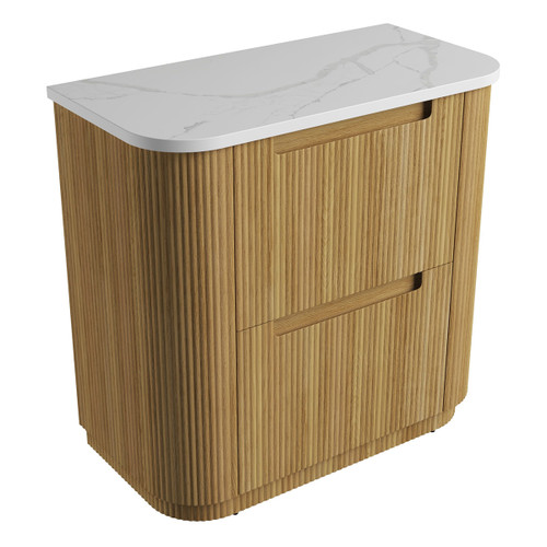 Varcelli Floor Standing  Harvest Oak Fluted Curved Cabinet 900*460*880mm with Palis White Flat Stone Top [305446]