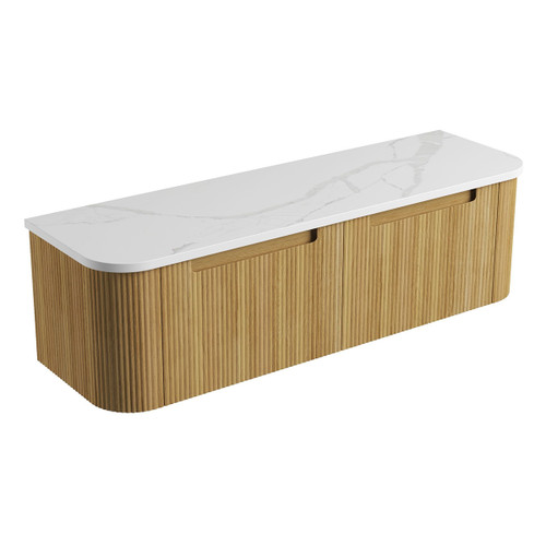 Varcelli Mono Wall-Hung Harvest Oak Fluted Curved Cabinet 1500*460*425mm  with Palis White Flat  Stone Top [305536]