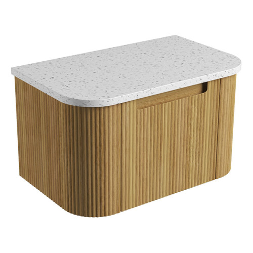 Varcelli Mono Wall-Hung Harvest Oak Fluted Curved Cabinet 750*460*425mm with Snow Flat Stone Top [305410]