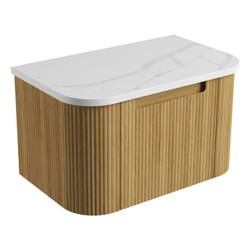 Varcelli Mono Wall-Hung Harvest Oak Fluted Curved Cabinet 750*460*425mm  with Palis White Flat  Stone Top [305456]