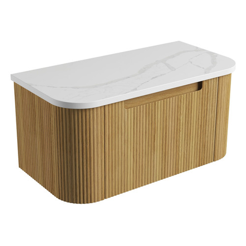 Varcelli Mono Wall-Hung Harvest Oak Fluted Curved Cabinet 900*460*425mm  with Palis White Flat  Stone Top [305417]