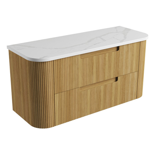 Varcelli Tier Wall-Hung Harvest Oak Fluted Curved Cabinet 1200*460*425mm  with Palis White Flat  Stone Top [305516]