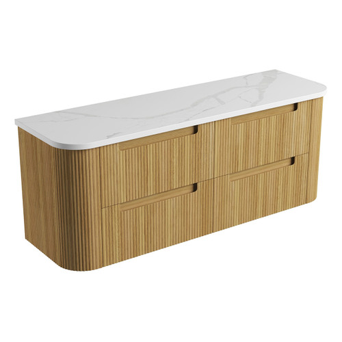 Varcelli Tier Wall-Hung Harvest Oak Fluted Curved Cabinet 1500*460*425mm  with Palis White Flat  Stone Top [305482]