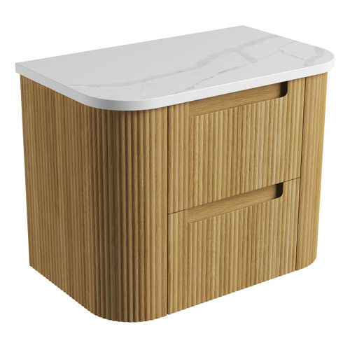 Varcelli Tier Wall-Hung Harvest Oak Fluted Curved Cabinet 750*460*425mm  with Palis White Flat  Stone Top [305575]