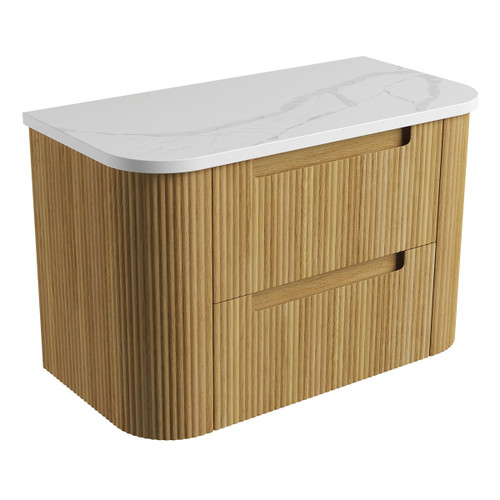Varcelli Tier Wall-Hung Harvest Oak Fluted Curved Cabinet 900*460*425mm  with Palis White Flat  Stone Top [305487]