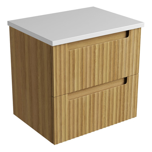 Lovina Tier Wall-Hung Harvest Oak Fluted Cabinet 600*460*425mm with Pure Flat Stone Top [305489]