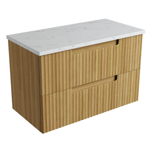 Lovina Tier Wall-Hung Harvest Oak Fluted Cabinet 900*460*425mm with Cato Flat Stone Top [305471]