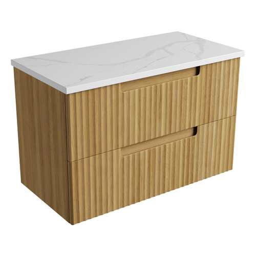 Lovina Tier Wall-Hung Harvest Oak Fluted Cabinet 900*460*425mm with Palis White Flat Stone Top [305425]