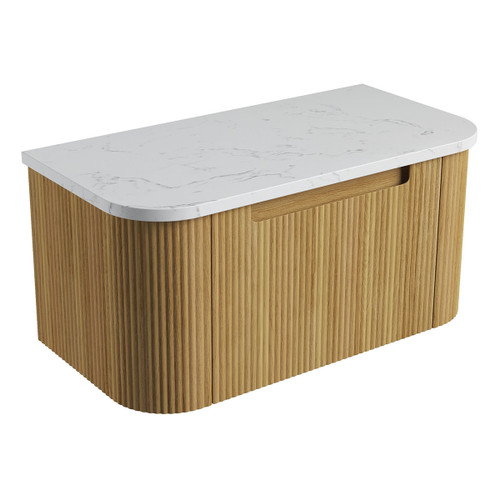 Varcelli Mono Wall-Hung Harvest Oak Fluted Curved Cabinet 900*460*425mm with Cato Flat Stone Top [305602]