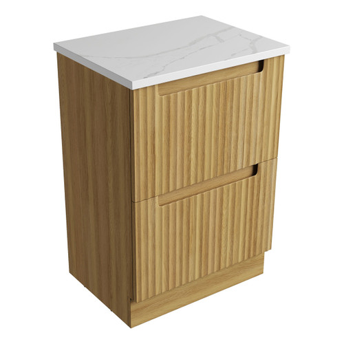 Lovina Floor Standing Harvest Oak Fluted Cabinet 600*460*425mm with Palis White Flat Stone Top [305616]