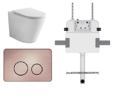 Java Wall-Faced Rimless Toilet Pan + R&T Cistern + Round Stainless Steel Brushed Bronze Button [305988]