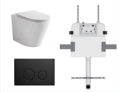 Java Wall-Faced Rimless Toilet Pan + R&T Cistern + Round Stainless Steel Matte Black Button [305995]