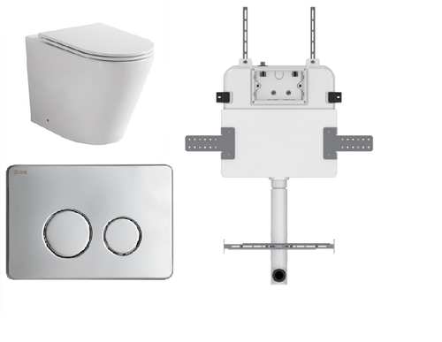 Java Wall-Faced Rimless Toilet Pan + R&T Cistern + Round Stainless Steel Satin Chrome Button [305914]