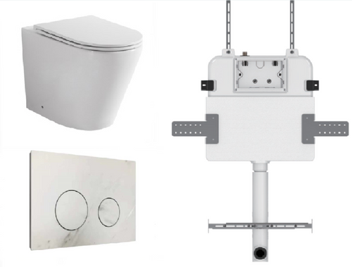Java Wall-Faced Rimless Toilet Pan + R&T Cistern + Round Porcelain Matte White Button [305922]