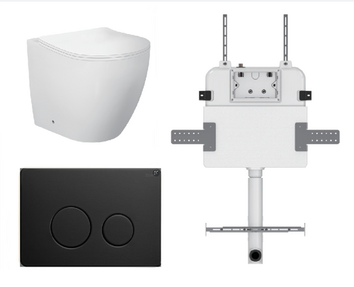 Venus Wall-Faced Rimless Toilet Pan + R&T Cistern + Round Stainless Steel Matte Black Button [305928]
