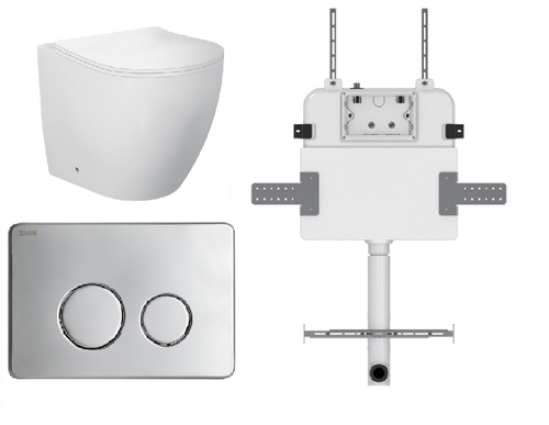 Venus Wall-Faced Rimless Toilet Pan + R&T Cistern + Round Stainless Steel Satin Chrome Button [306000]