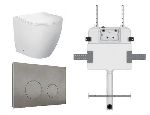 Venus Wall-Faced Rimless Toilet Pan + R&T Cistern + Round Porcelain Matte Grey Button [305994]