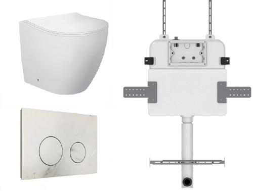 Venus Wall-Faced Rimless Toilet Pan + R&T Cistern + Round Porcelain Matte White Button [305997]