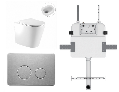 Zero Wall-Faced Extra High Rimless Whirlpool Toilet Pan + R&T Cistern + Round Stainless Steel Brushed Nickel Button [305996]