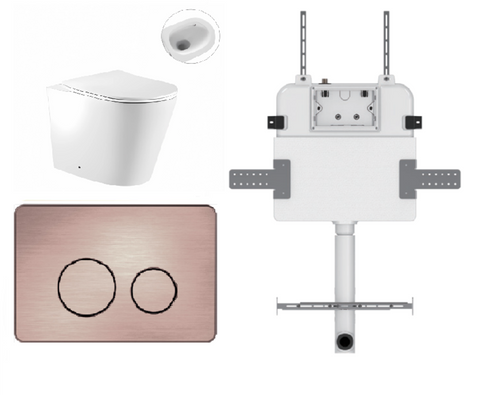 Zero Wall-Faced Extra High Rimless Whirlpool Toilet Pan + R&T Cistern + Round Stainless Steel Brushed Bronze Button [306008]