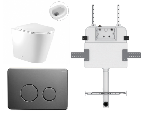 Zero Wall-Faced Extra High Rimless Whirlpool Toilet Pan + R&T Cistern + Round Stainless Steel Gunmetal Button [305971]